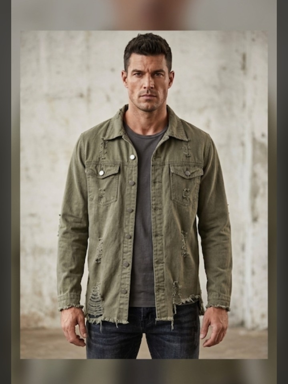 Highway Jeans Olive Green Distressed Shirt Jacket. Men's Size L . Grunge